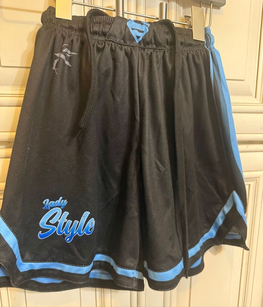 Style Youth Drawstring Mesh Athletic Basketball Shorts Black Blue Size Large